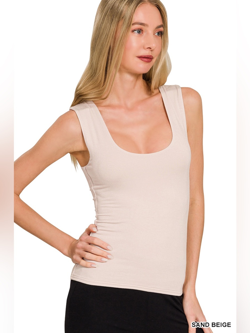 Zenana Women's Double Layered Scoop Neck Tank Top in Sand Beige